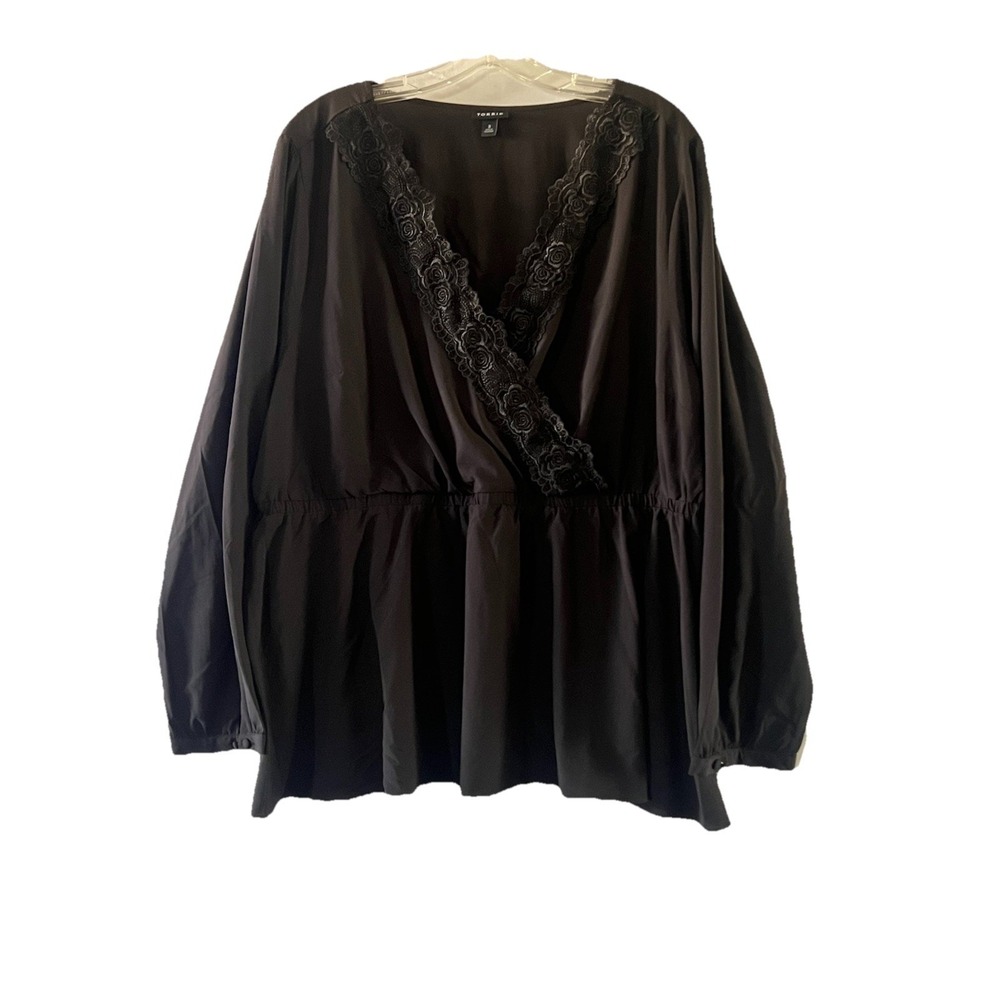 torrid womens blouse plus size 3 black pullover 3/4 sleeve lace trim